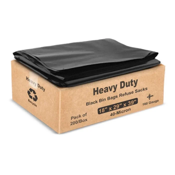 Black Refuse Sacks 18″ x 29″ x 39″ – Bin Bags 160 Gauge - Image 1